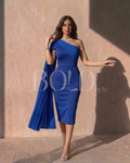 Royal Blue Off-Shoulder Plissé Sleeve Dress