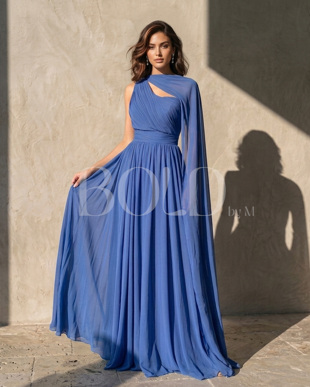 Long Royal Blue Off-Shoulder Chiffon Dress