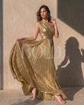 Off-Shoulder Gold Plissé Long Dress