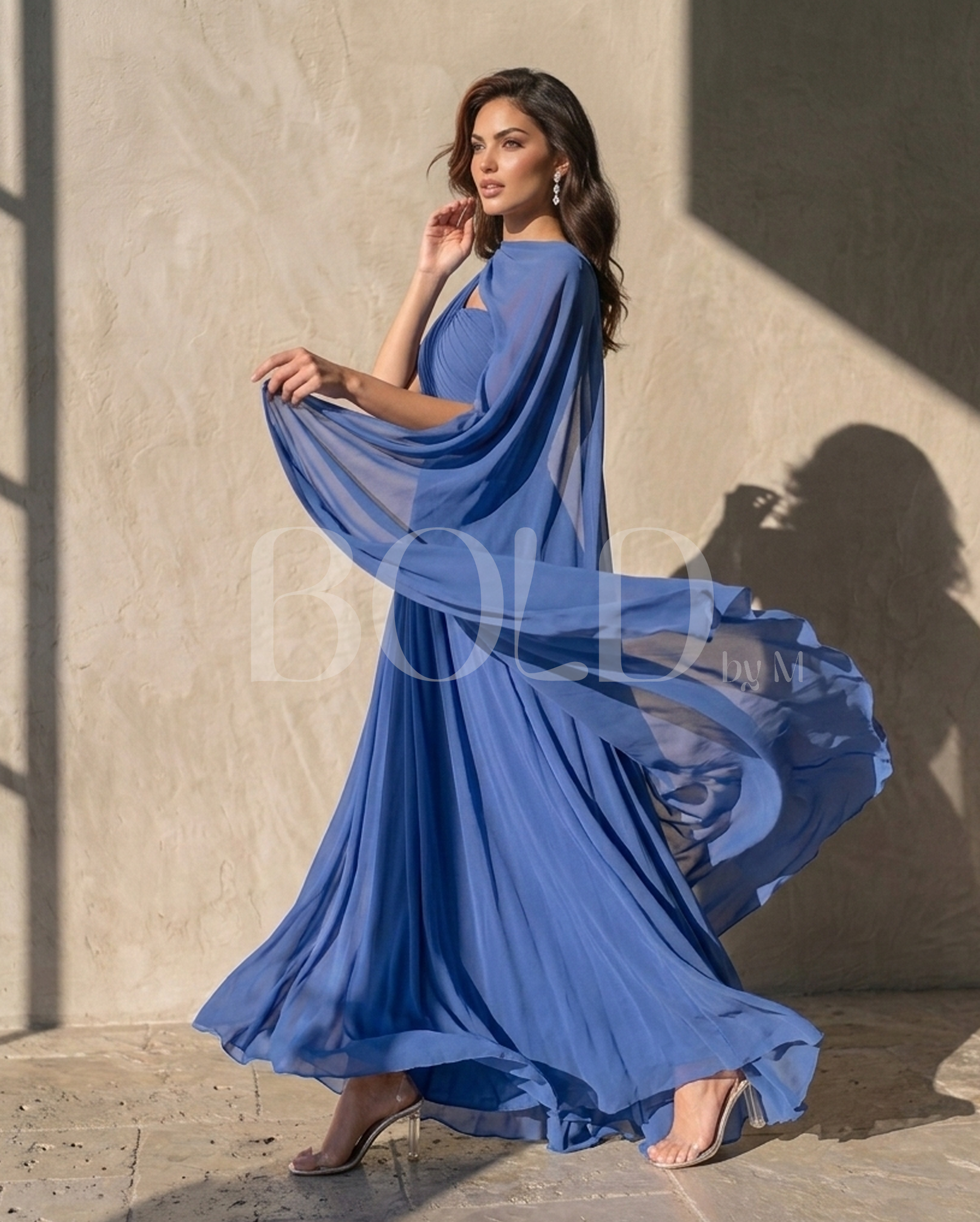 Long Royal Blue Off-Shoulder Chiffon Dress